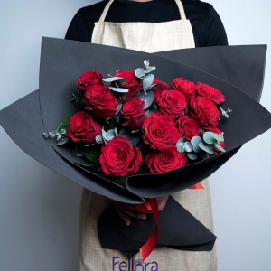 15 Red Roses Bouquet With Eucalyptus